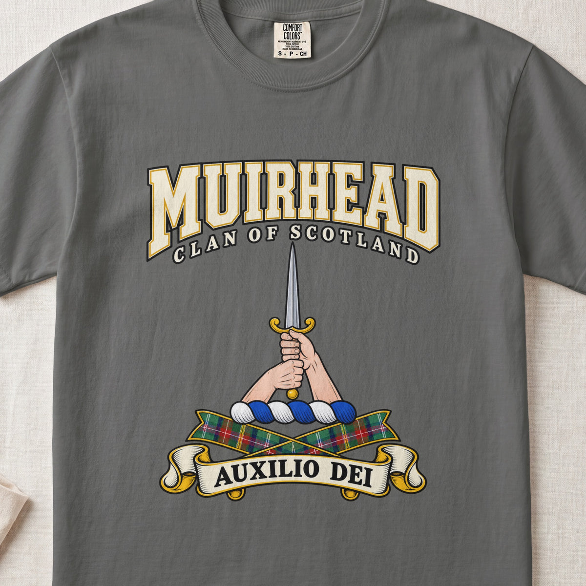 Muirhead Scottish clan graphic T-shirt in Pepper, front view