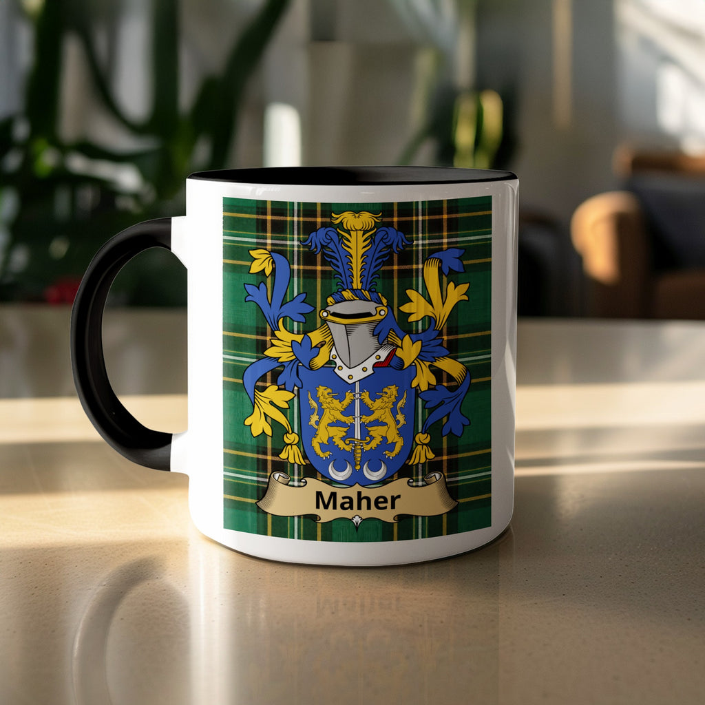 Maher family crest and name on Irish tartan mug — white ceramic, black handle
