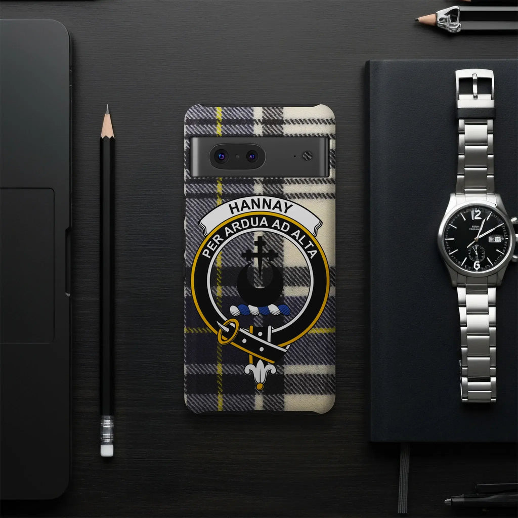 Hannay tartan phone case on iPhone — full-wrap crest and tartan design, rear view