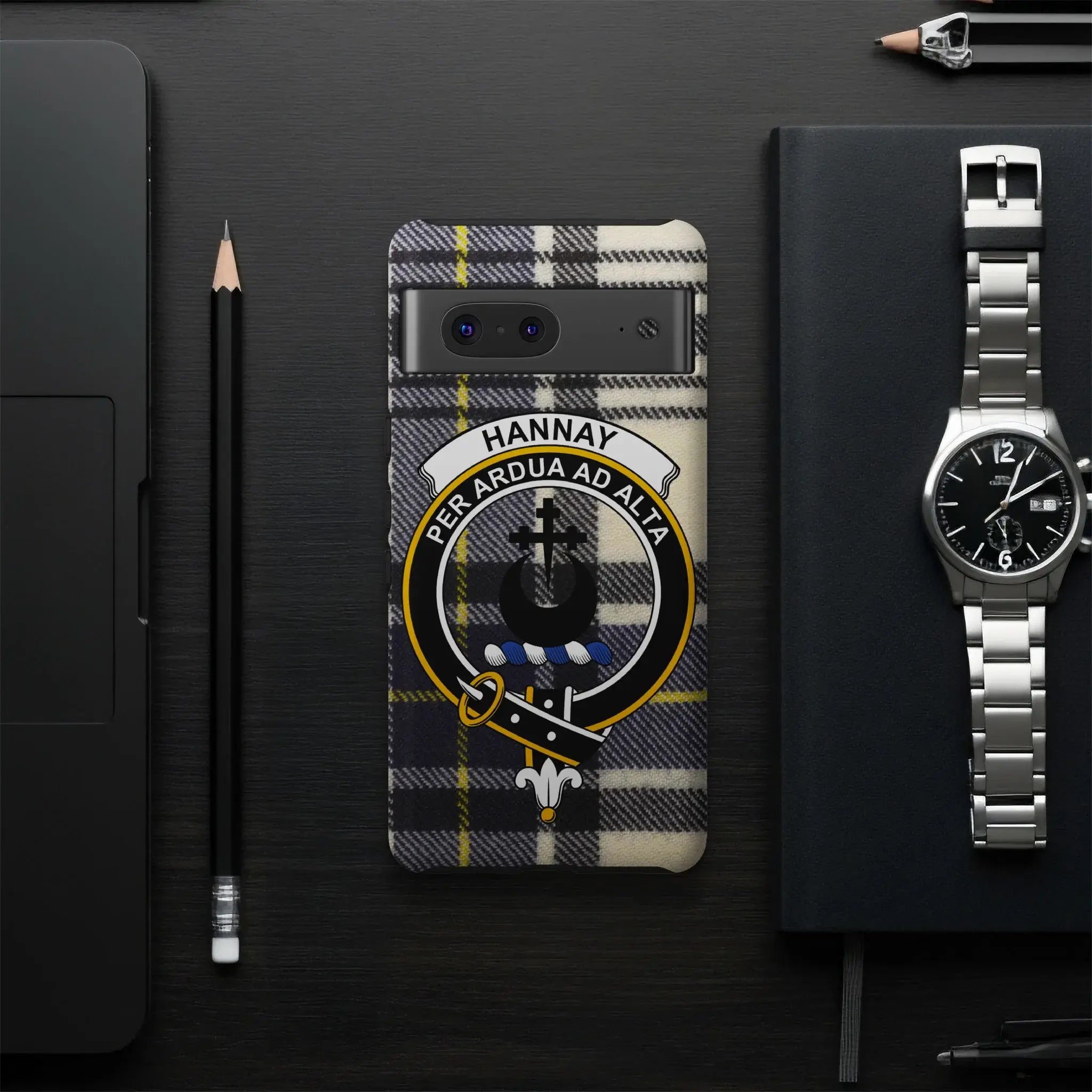 Hannay tartan phone case on iPhone — full-wrap crest and tartan design, rear view