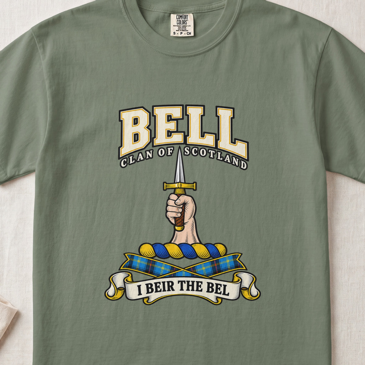 Bell Scottish clan graphic T-shirt in Moss, front view