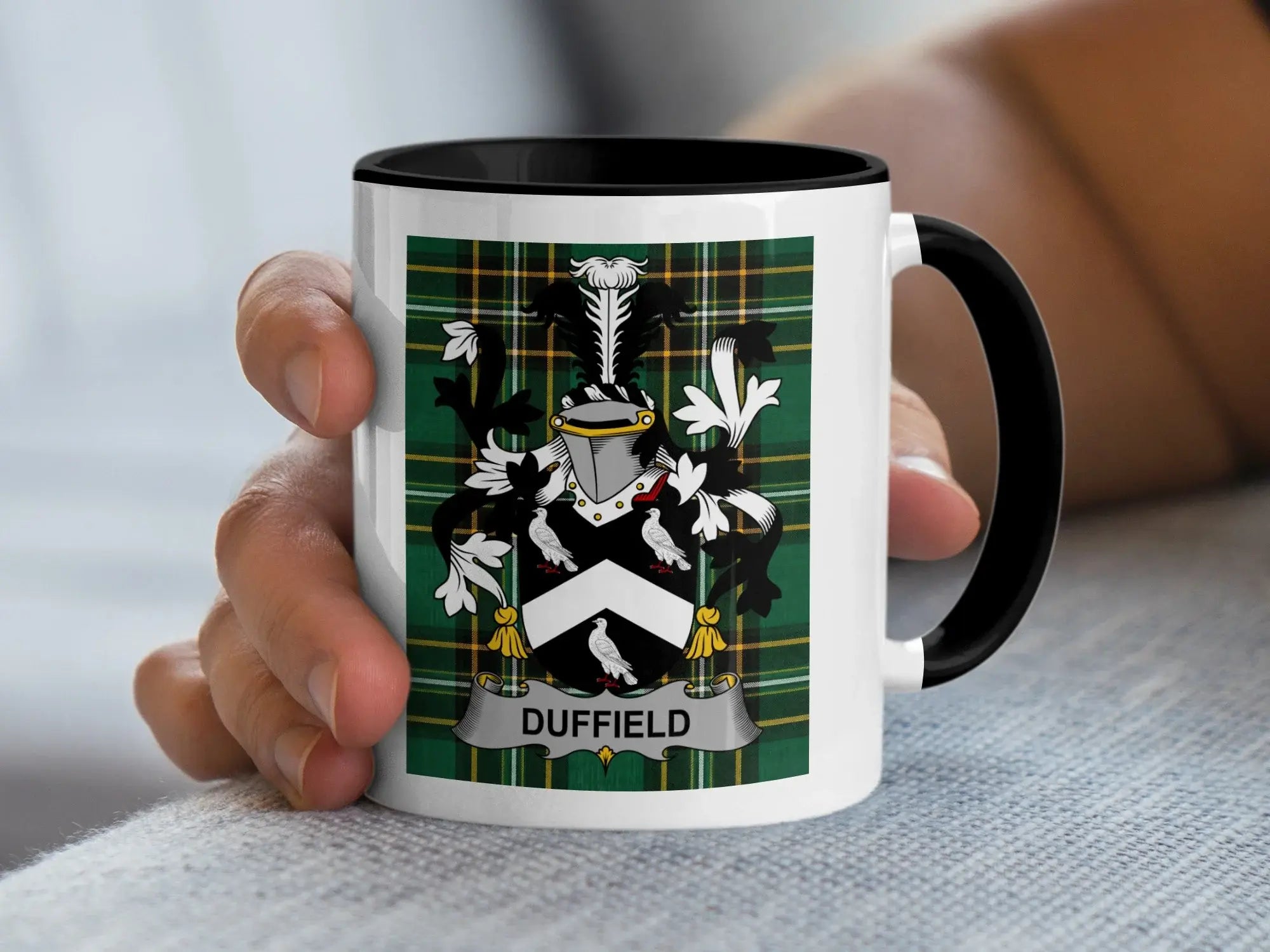 Duffield Irish family crest black accent mug