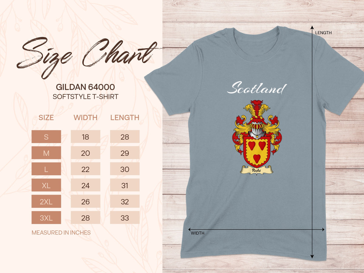 Gildan 64000 size chart for Rule Scottish family shield T-shirt