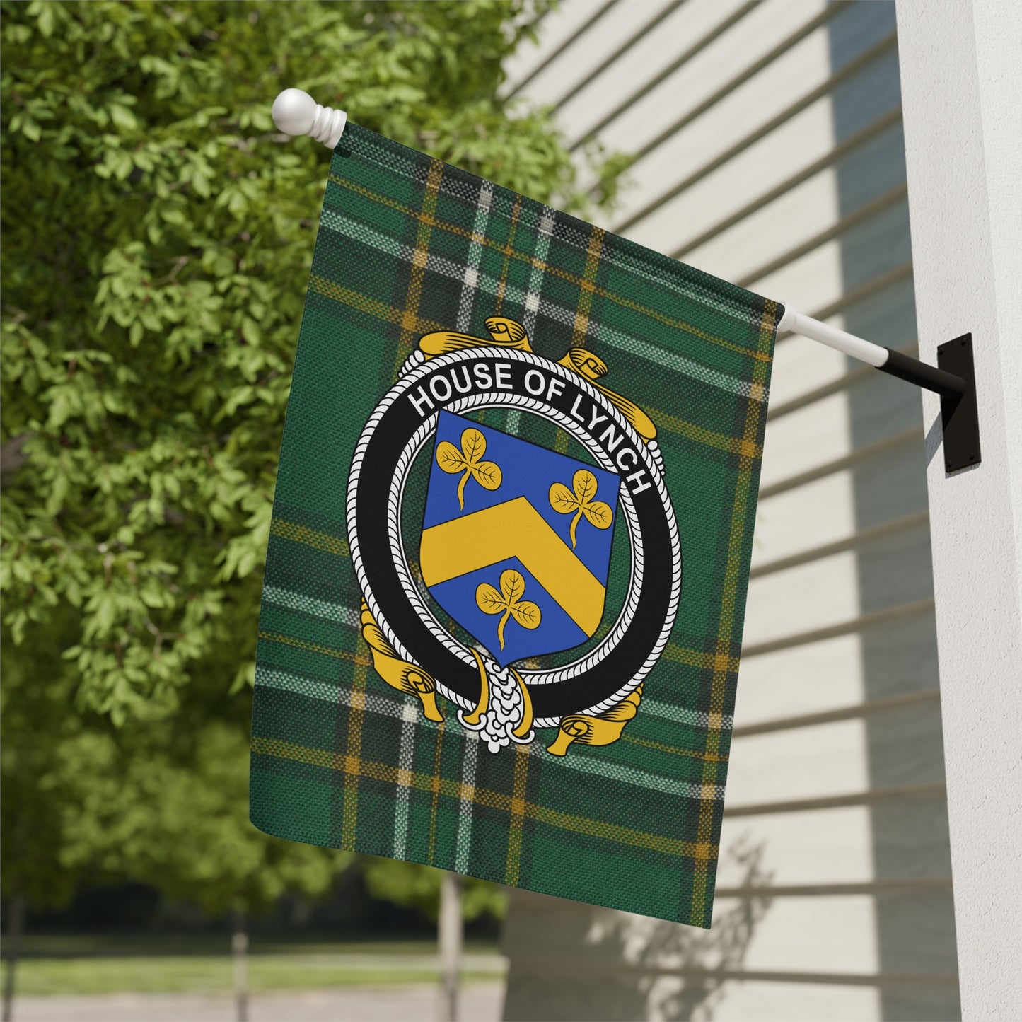 House of Lynch Family Crest on Plaid Banner Flag