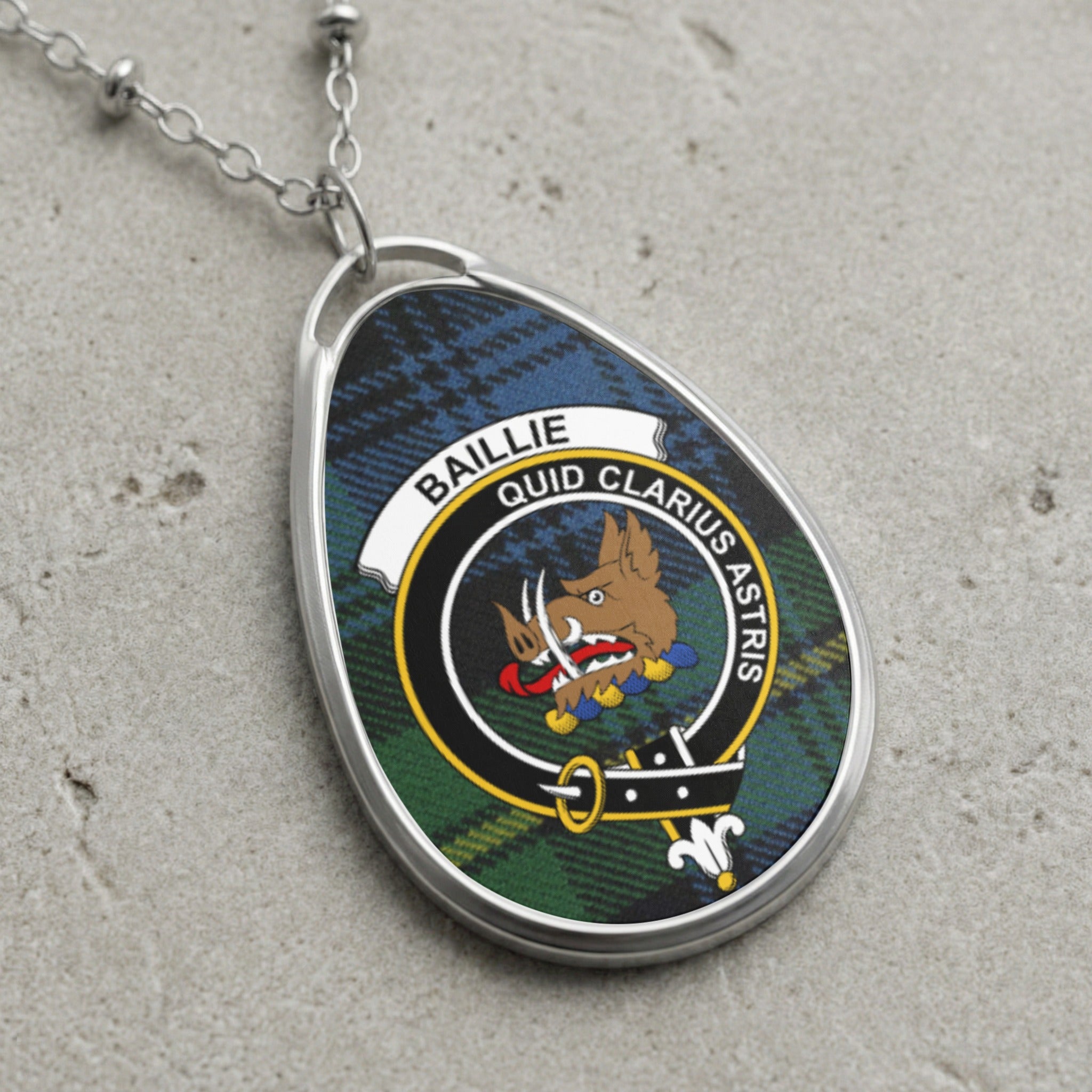Baillie clan Scottish tartan necklace with clan crest and Quid Clarius Astris motto on tartan background