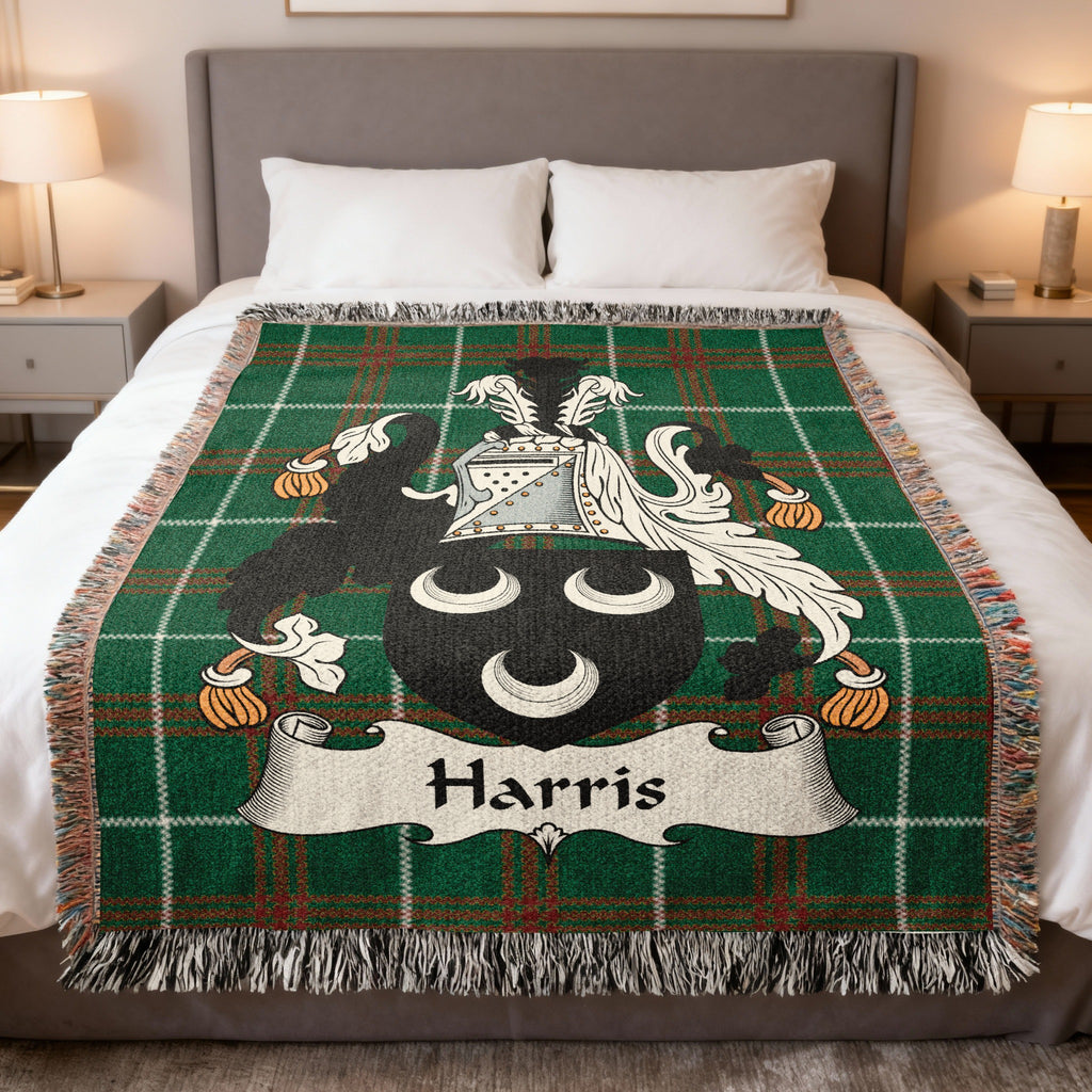Harris Welsh crest woven blanket on Welsh national tartan