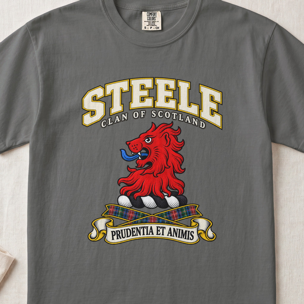 Steele Scottish clan T-shirt in Pepper, front view with a red lion head and motto design.
