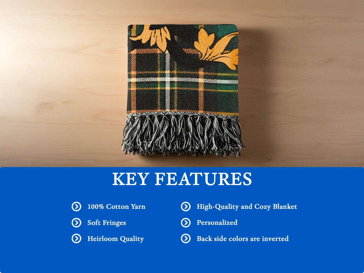 Plaid blanket with fringe, featuring key features list with cotton yarn and personalized options.