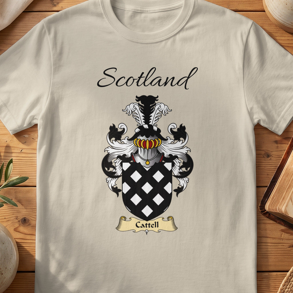 Sand Cattell Scottish family shield T-shirt featuring a black lattice pattern on white