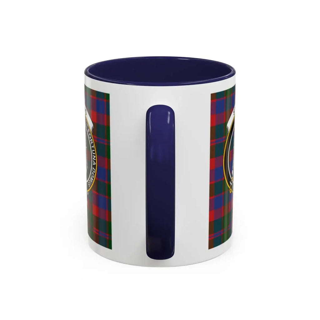 Clan Strang Scottish tartan mug — close-up of crest and blue accent interior