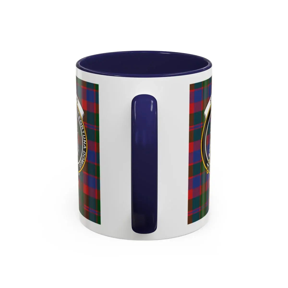 Clan Strang Scottish tartan mug — close-up of crest and blue accent interior