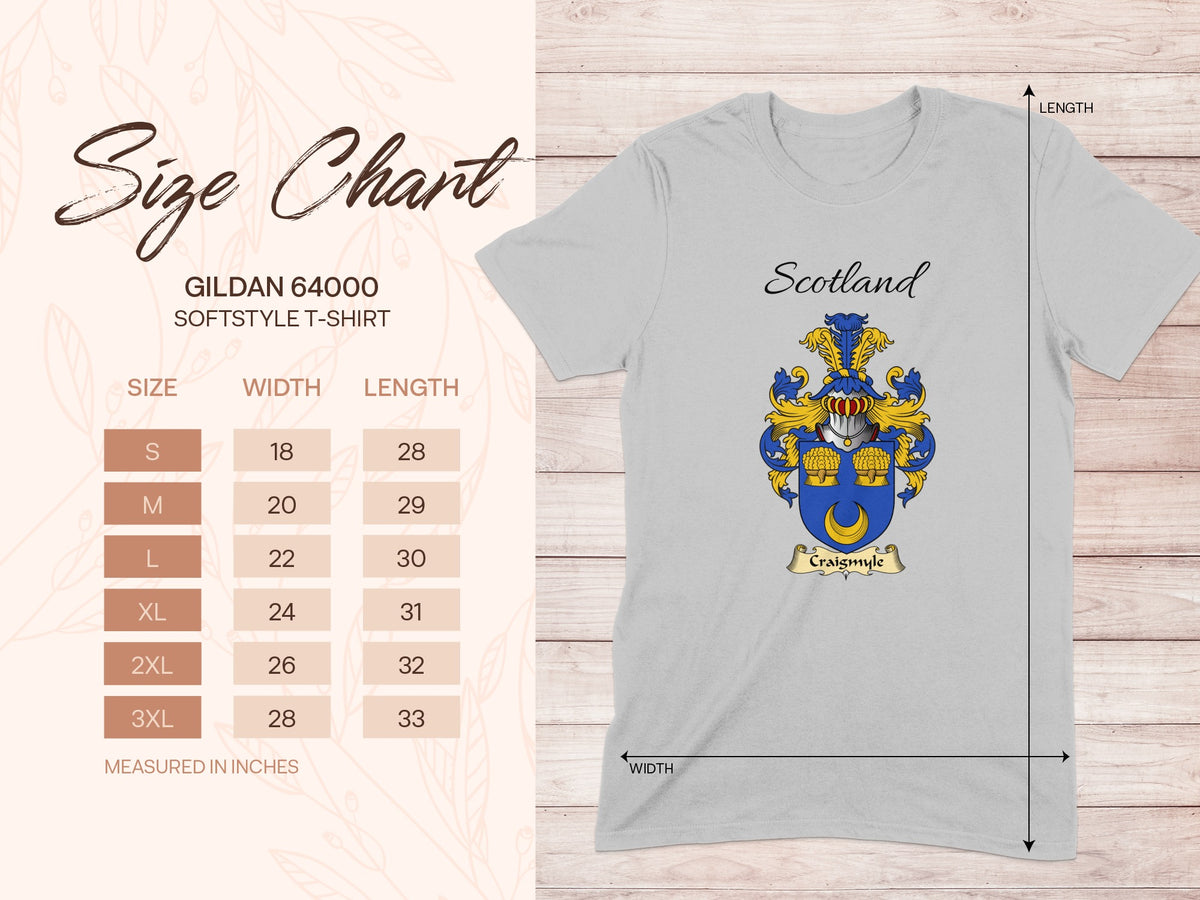 Gildan 64000 size chart for the Craigsmyle unisex T-shirt, sizes S to 3XL