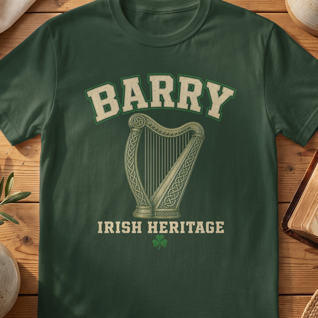 Barry Irish harp T-shirt in Forest Green, with cream surname lettering, a gold-toned harp, green shamrock and “Irish Heritage” text.