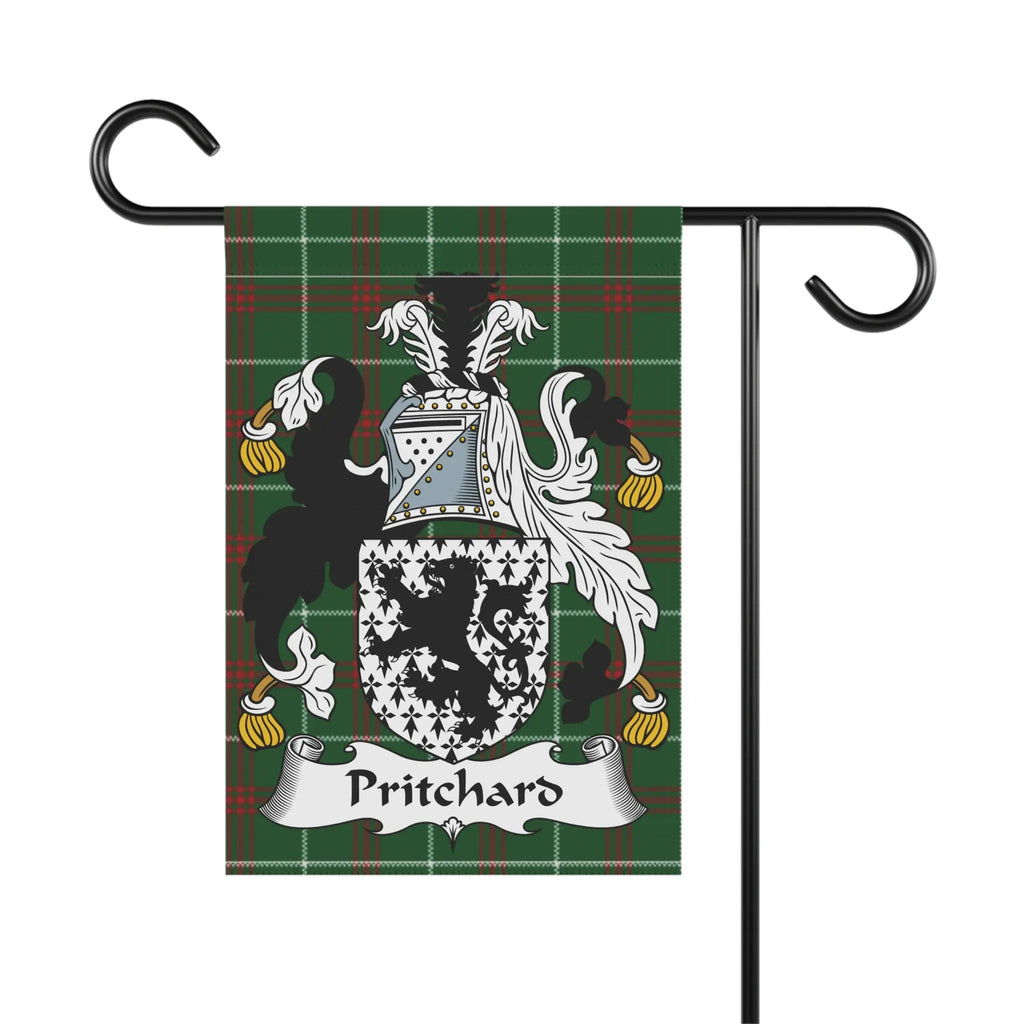 Pritchard family crest on a plaid garden flag.