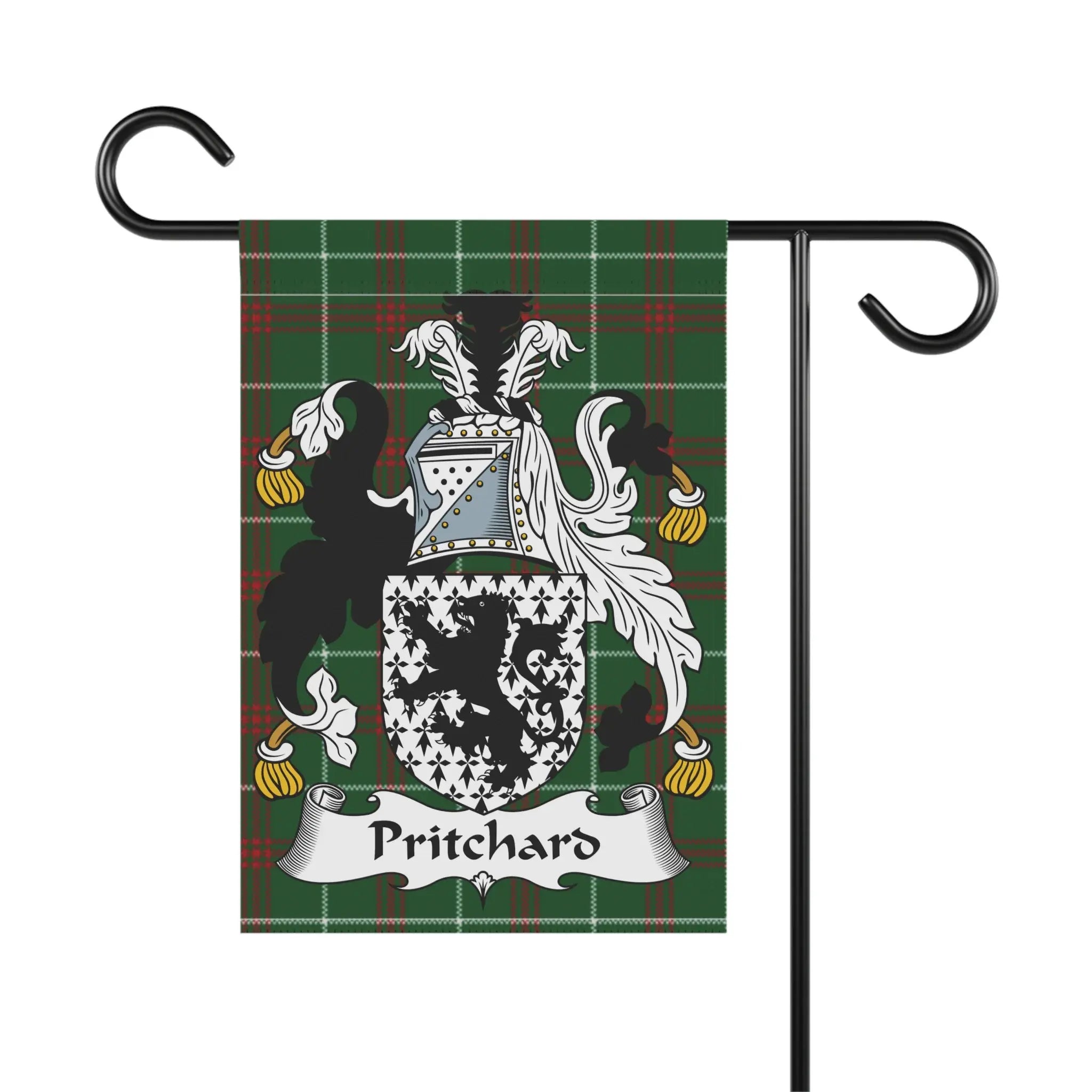 Pritchard family crest on a plaid garden flag.