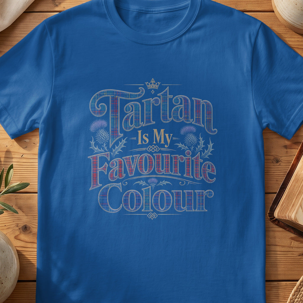Blue t-shirt with the text "Tartan Is My Favourite Colour" in a tartan pattern.