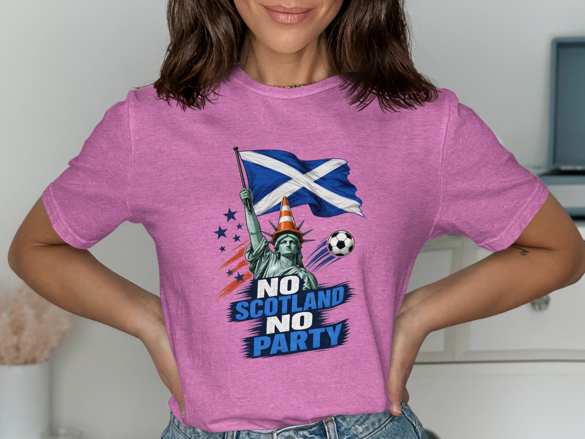 Statue of Liberty with Scottish flag, saying "No Scotland No Party"