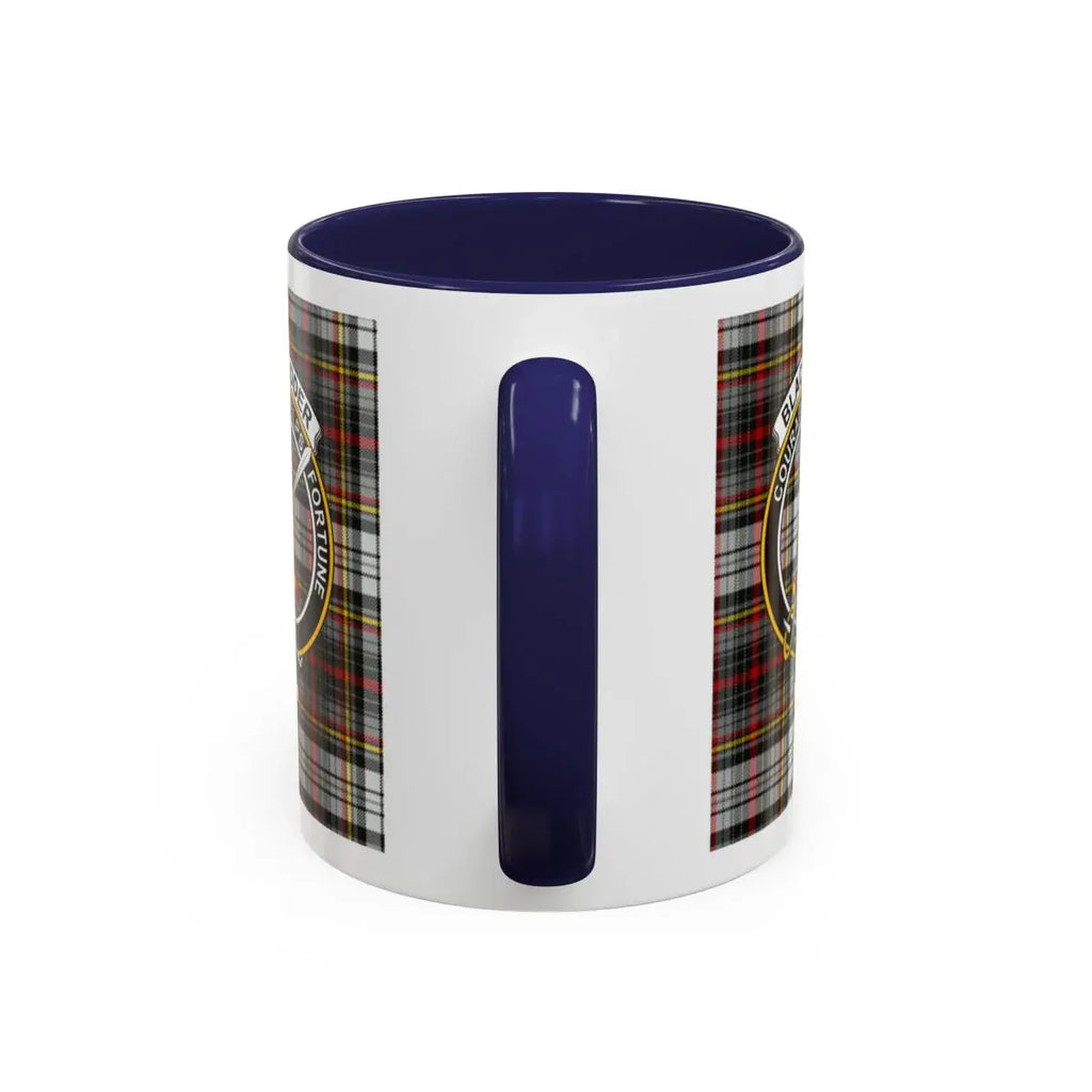 Blue Handle Mug with Plaid and Crest Design