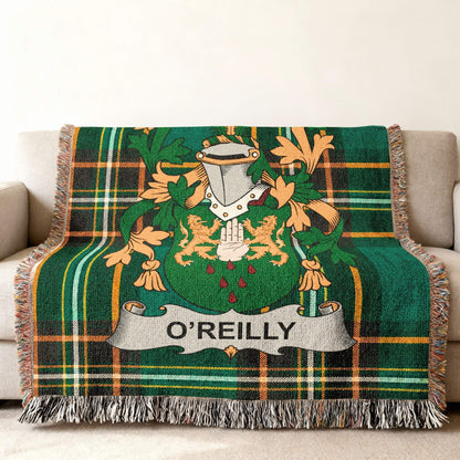 O'Reilly tartan throw blanket featuring a coat of arms with a shield and helmet.
