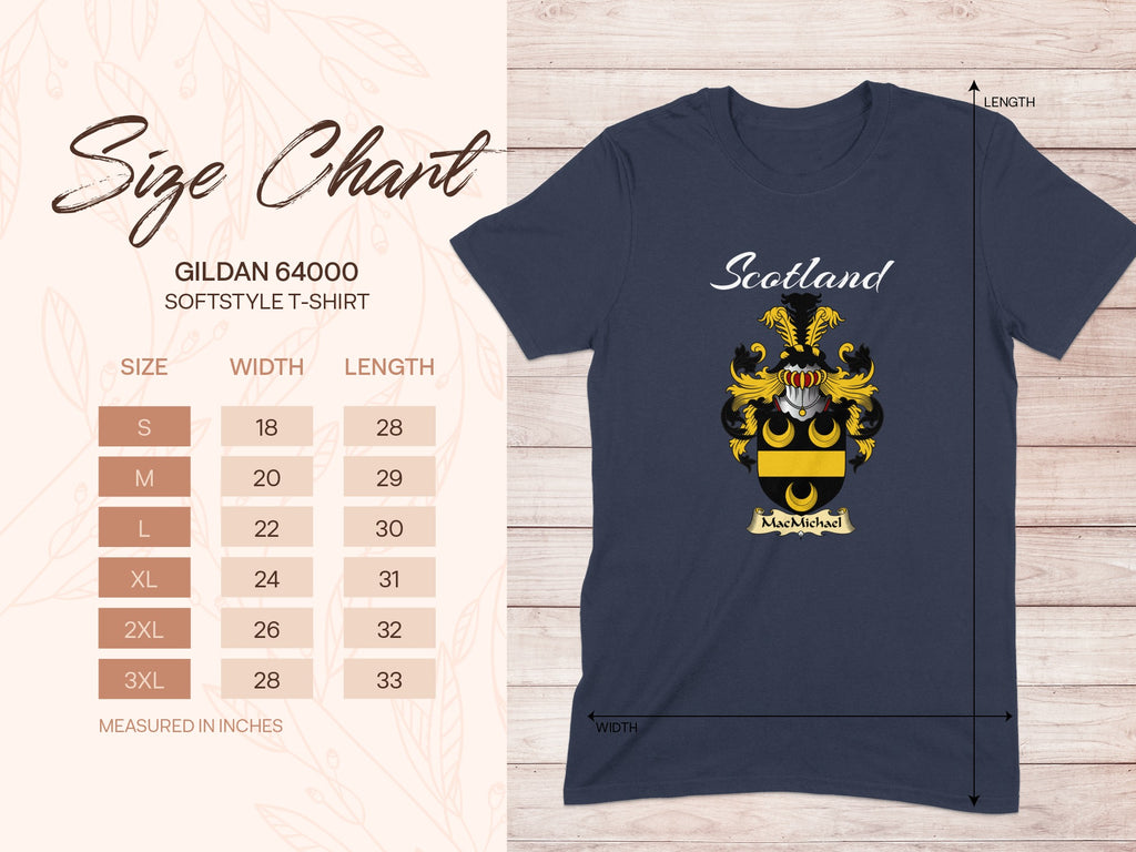 Gildan 64000 size chart for the MacMichael unisex T-shirt, sizes S to 3XL