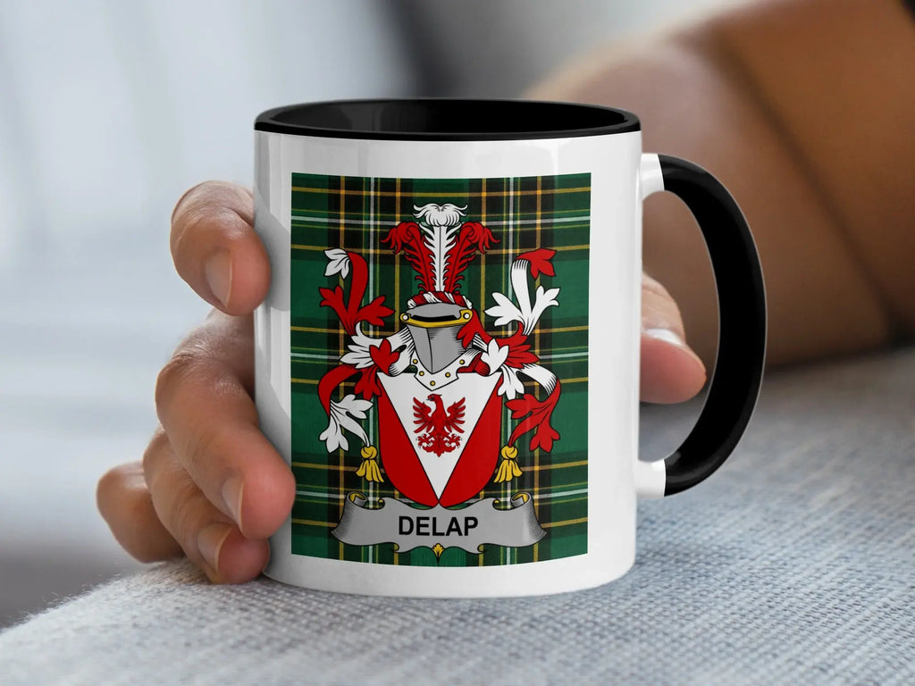 Delap Irish heritage mug with black handle and family crest