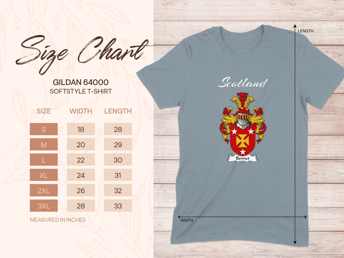 Gildan 64000 size chart for Bennet Scottish family shield T-shirt