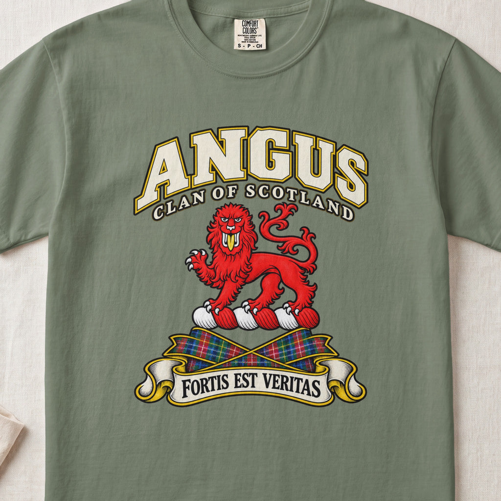 Angus Scottish clan T-shirt in Moss, front view with a red lion and motto banner.