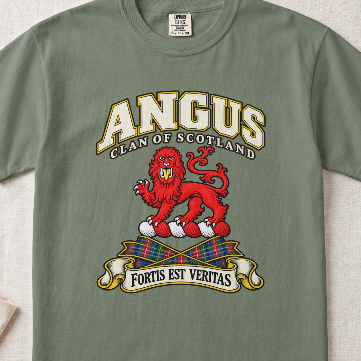 Angus Scottish clan T-shirt in Moss, front view with a red lion and motto banner.