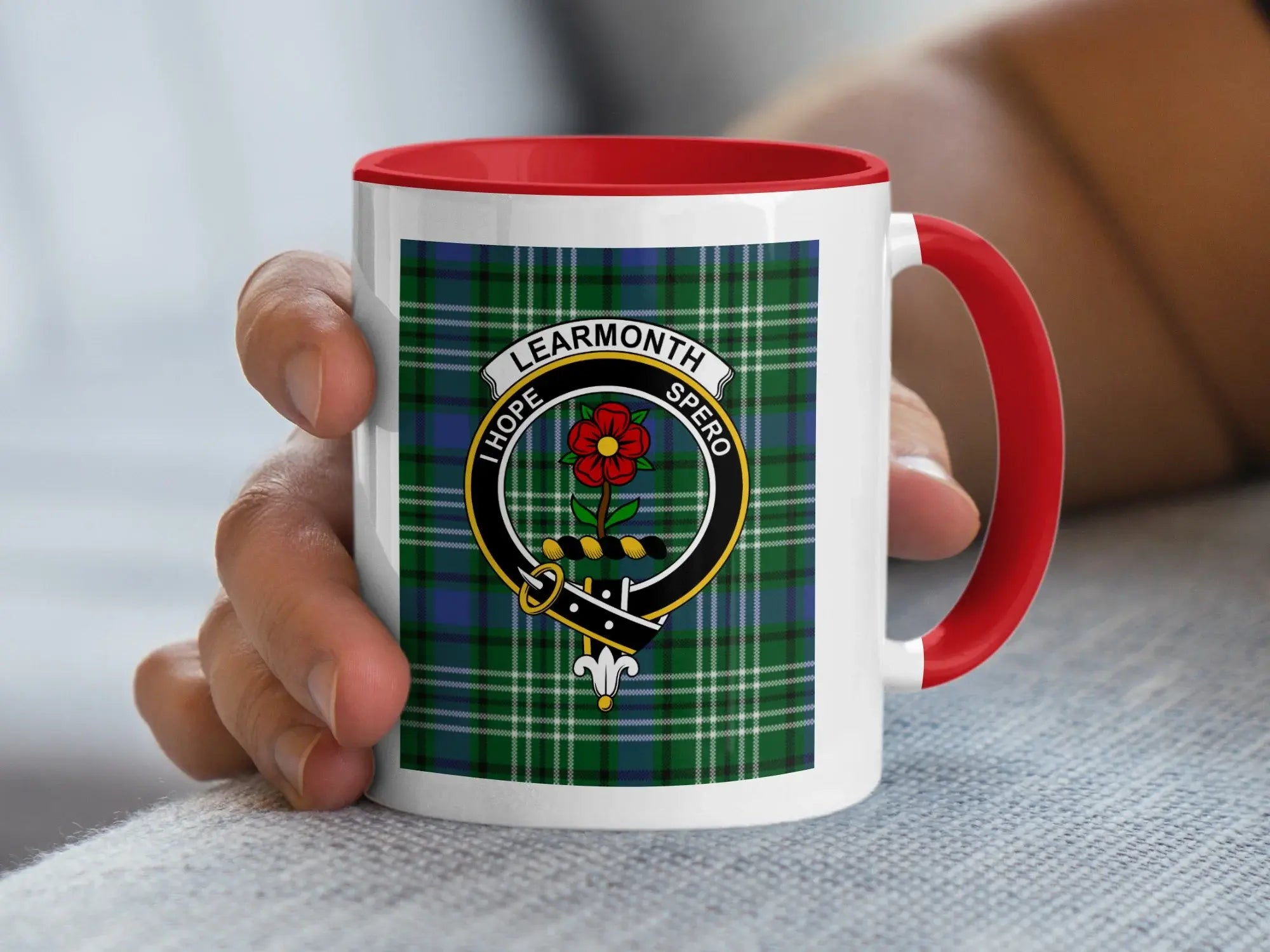 Clan Learmonth Tartan Mug with Scottish Crest Design