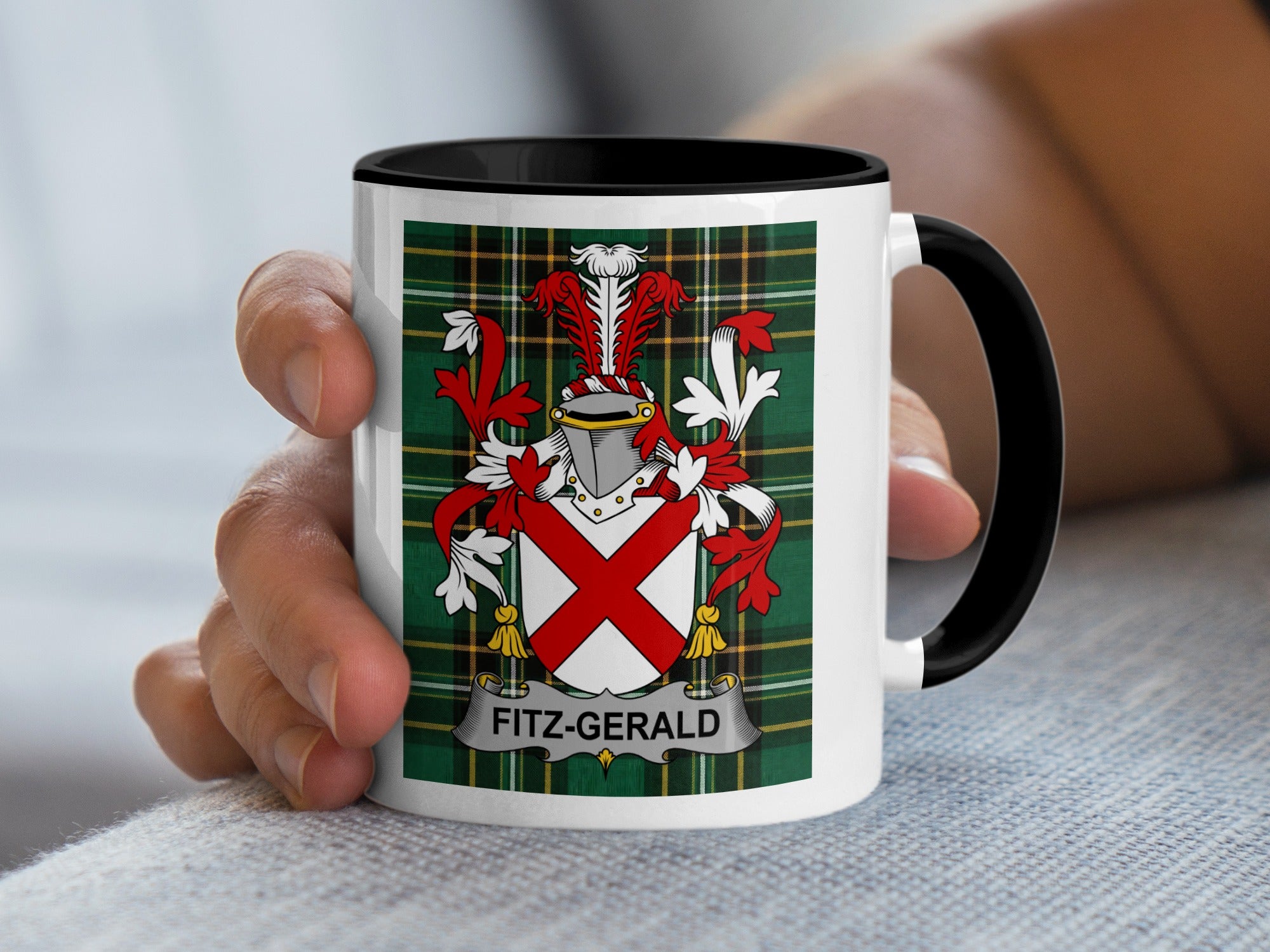 Fitzgerald family crest Irish heritage mug on Irish National Tartan
