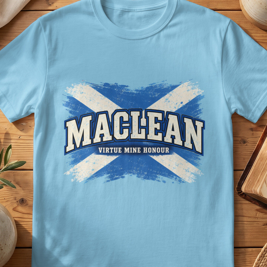 MacLean Scottish Saltire T-shirt in Sky, with distressed blue and cream flag and “Virtue Mine Honour” lettering.