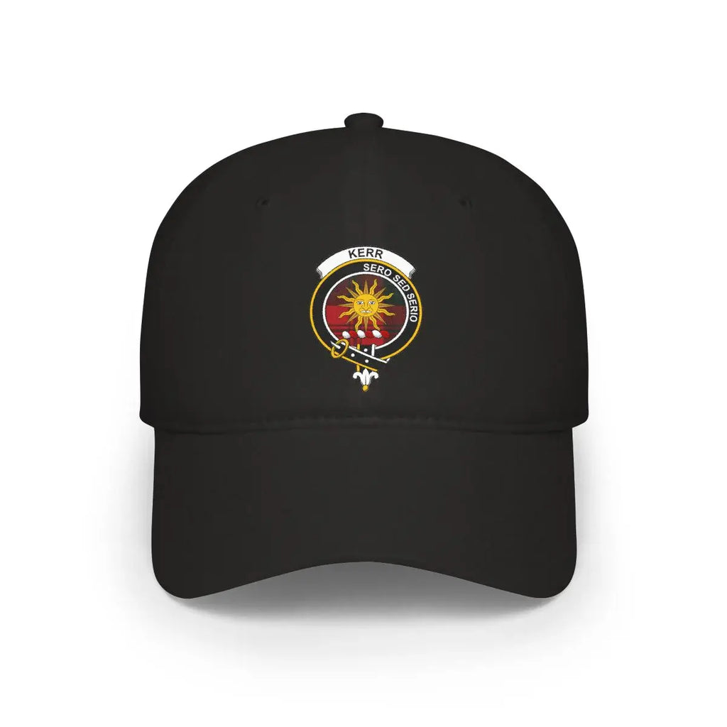 Kerr clan crest tartan cap — 100% cotton with Sero Sed Serio sun heraldic design