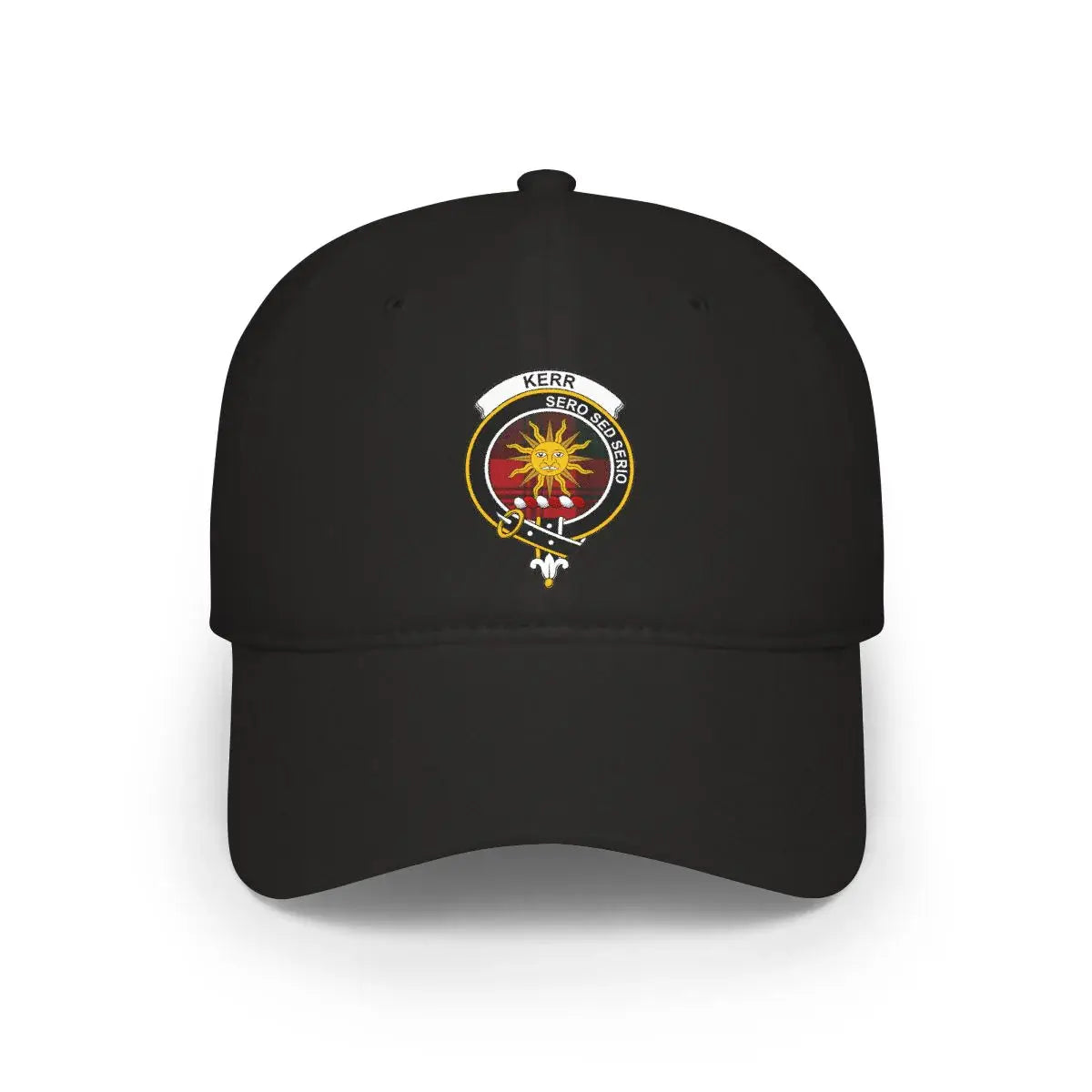 Kerr clan crest tartan cap — 100% cotton with Sero Sed Serio sun heraldic design