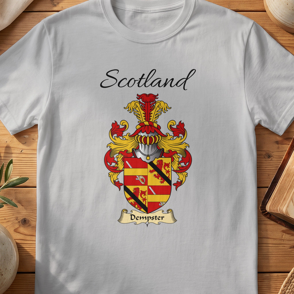 Sport Grey Dempster Scottish family shield T-shirt featuring a quartered red-and-gold design crossed by a dark diagonal band