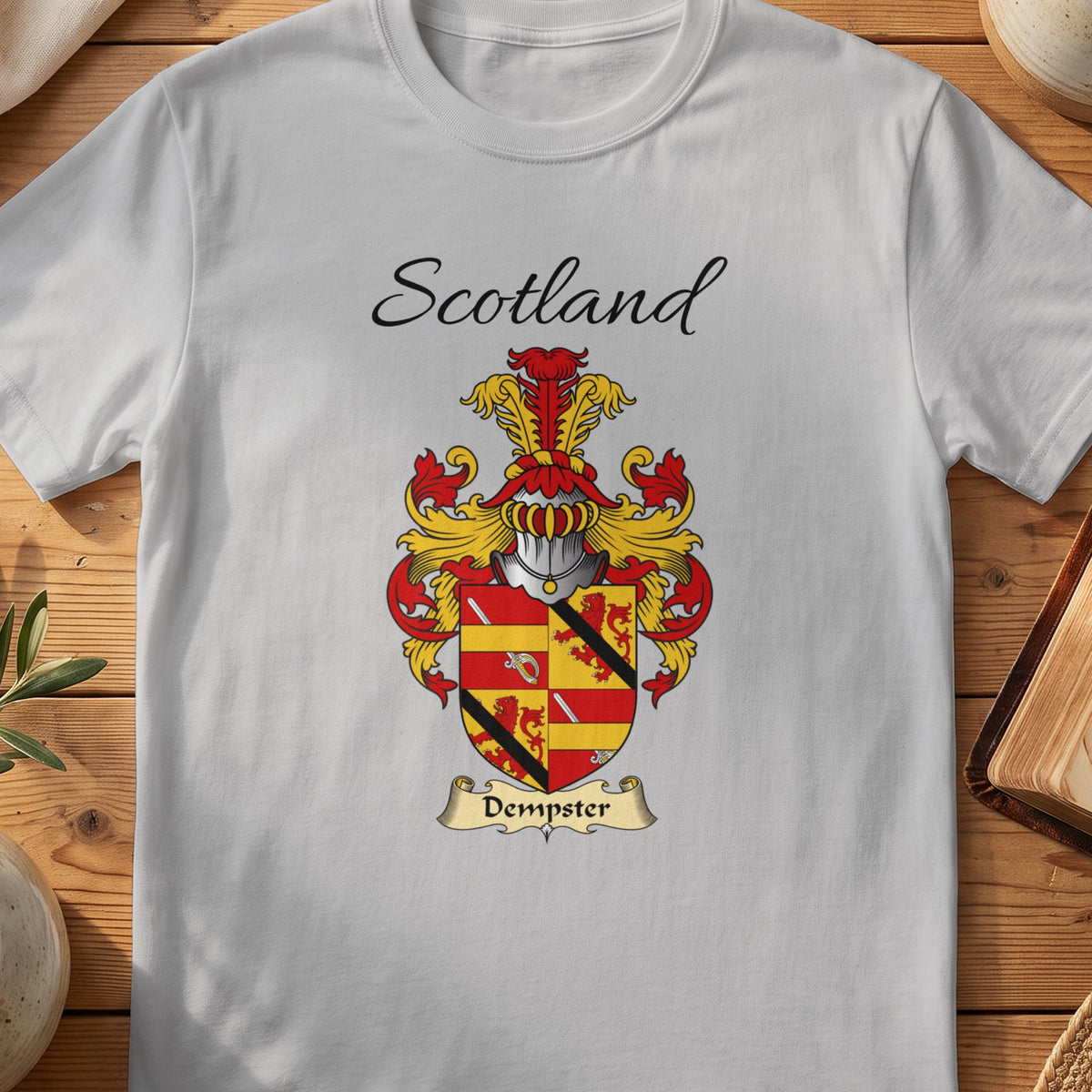 Sport Grey Dempster Scottish family shield T-shirt featuring a quartered red-and-gold design crossed by a dark diagonal band