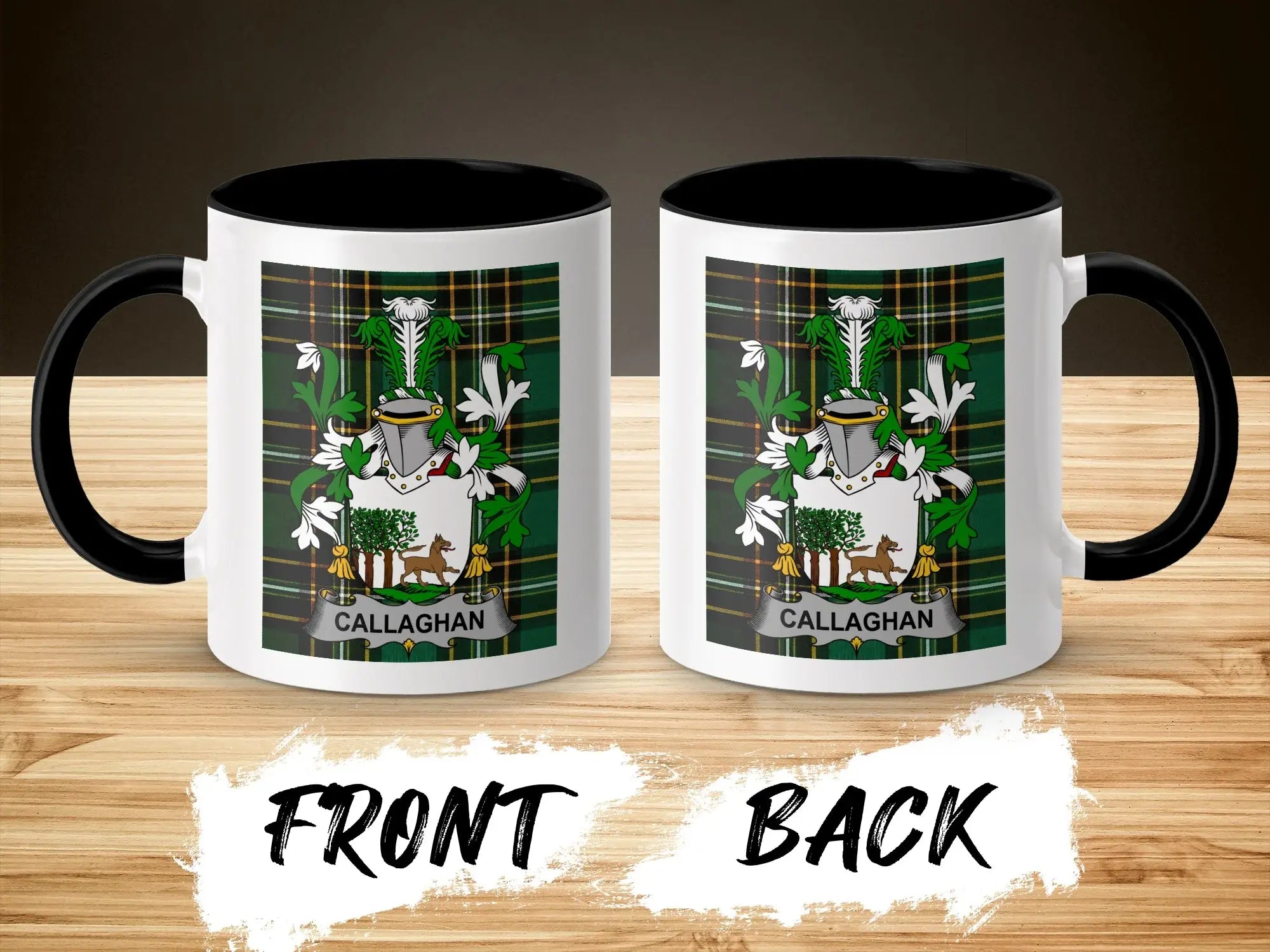 Two mugs featuring the Callaghan coat of arms on a wooden surface.
