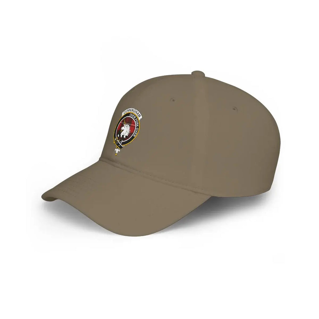 Cunningham clan tartan cap in army green — unicorn crest design on structured cotton panel