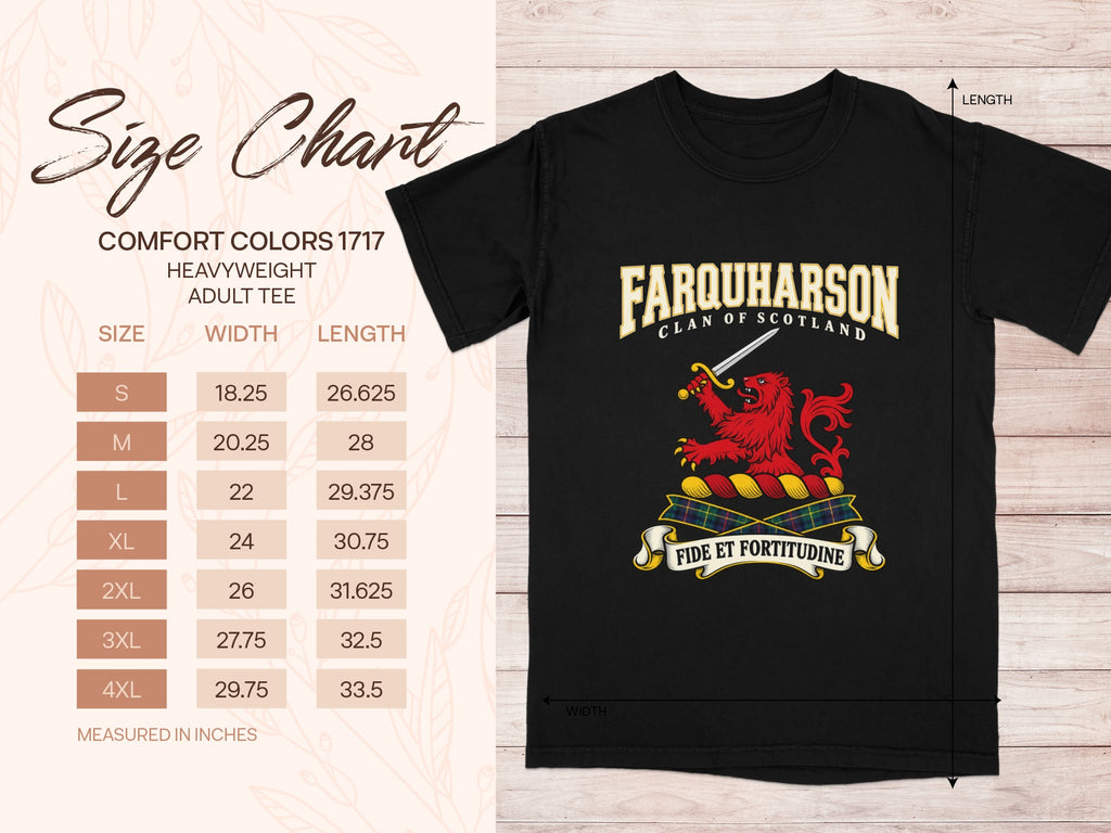 Farquharson Comfort Colors 1717 T-shirt size chart with black shirt illustration