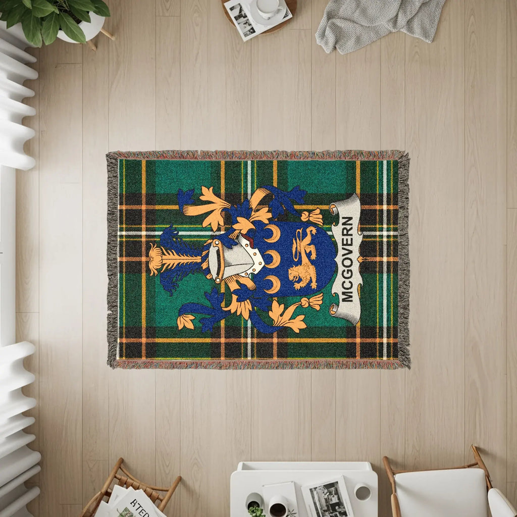 McGovern family crest on a plaid woven blanket.