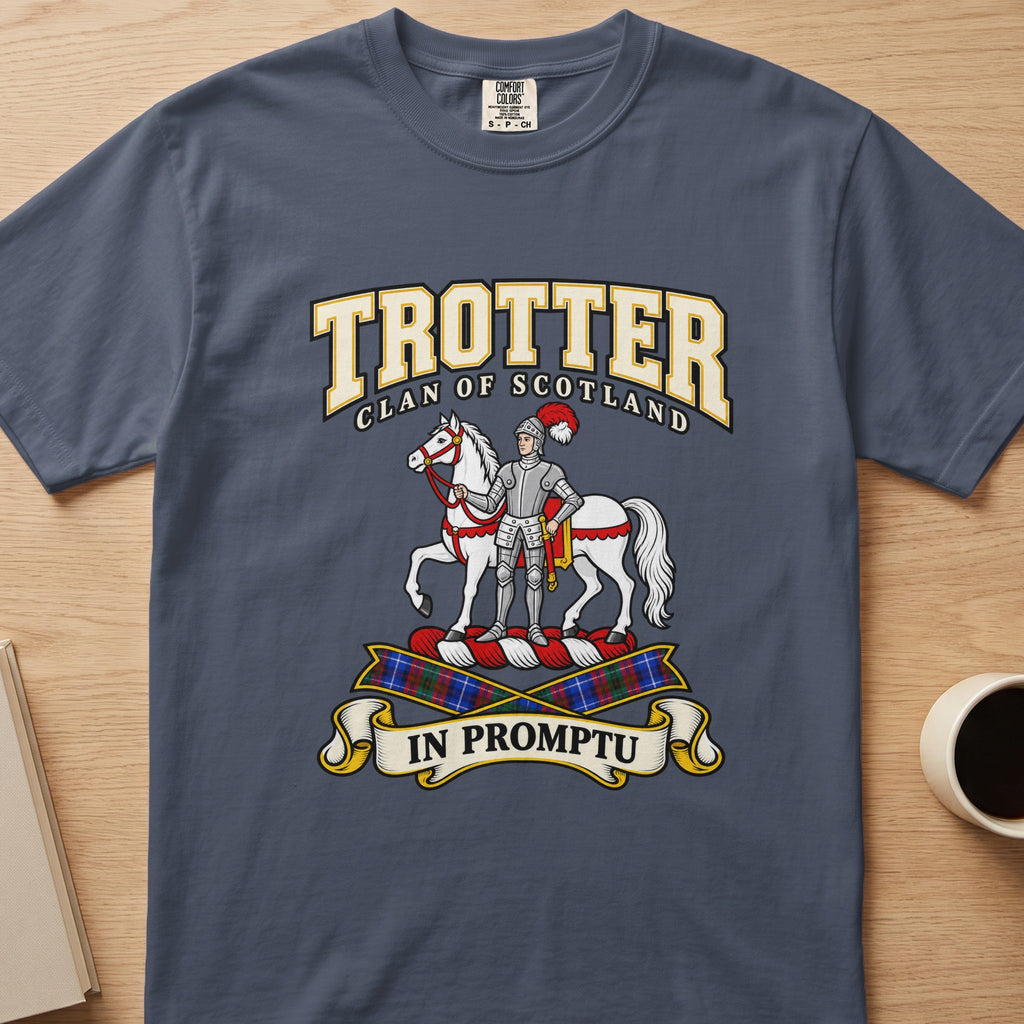 Trotter clan T-shirt in slate blue, front view with armored figure beside a white horse