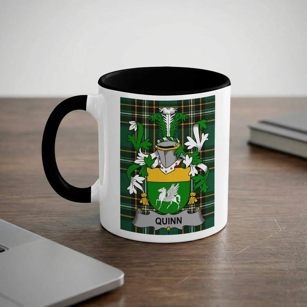 Quinn Irish heritage mug with black interior and surname crest