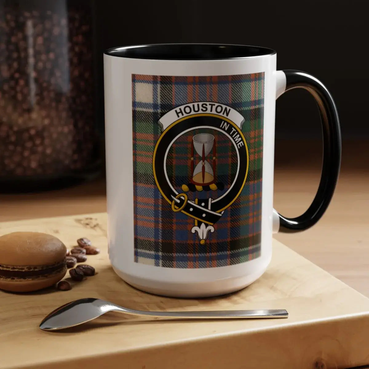 Clan Houston tartan mug — 15oz with black handle, In Time motto visible on design