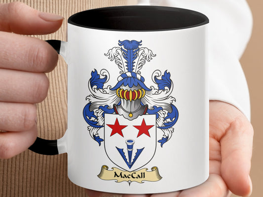 MacCall Family Crest with Two Red Stars Emblem Mug - Living Stone Gifts