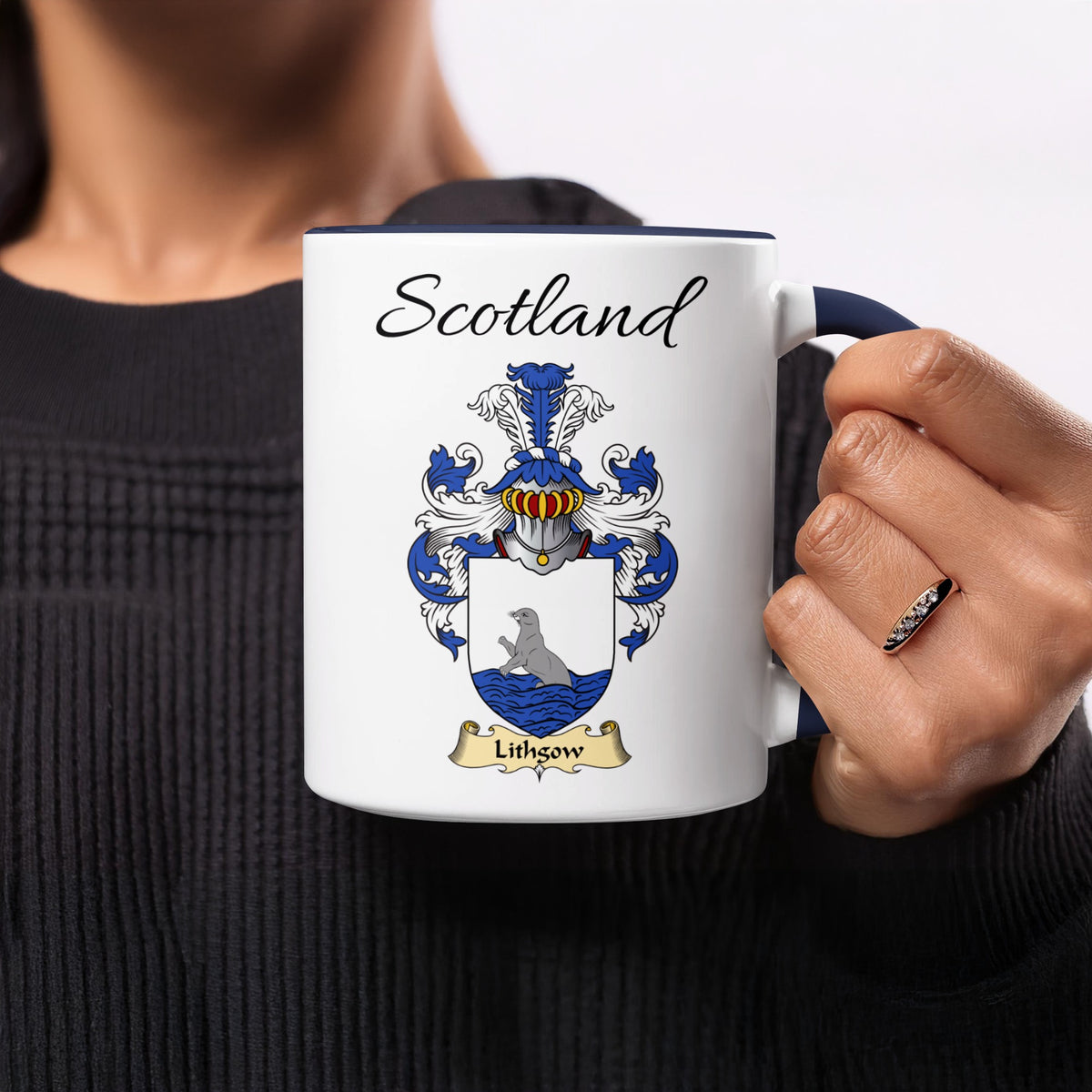 Red-accent Lithgow Scottish family crest mugs with Scotland above the heraldic shield