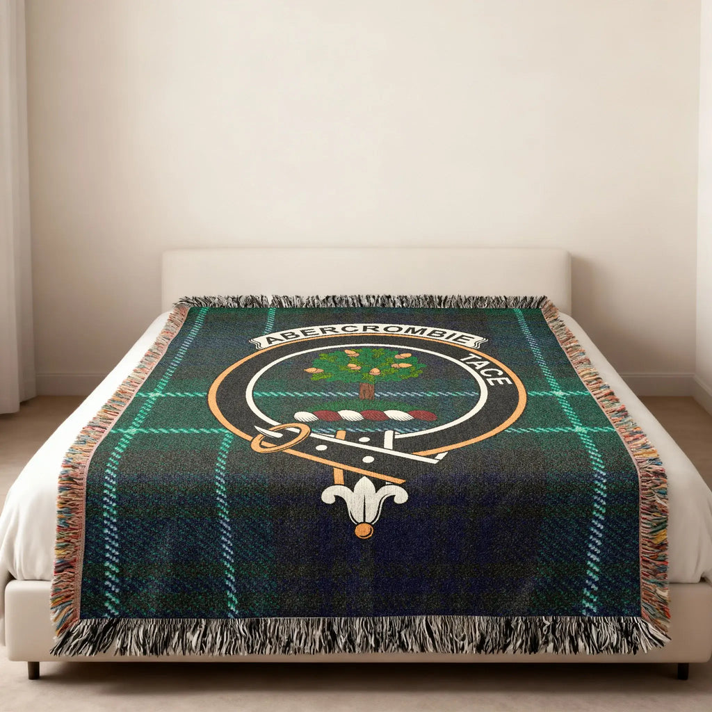 Abercrombie tace plaid tartan woven blanket with family crest — lifestyle
