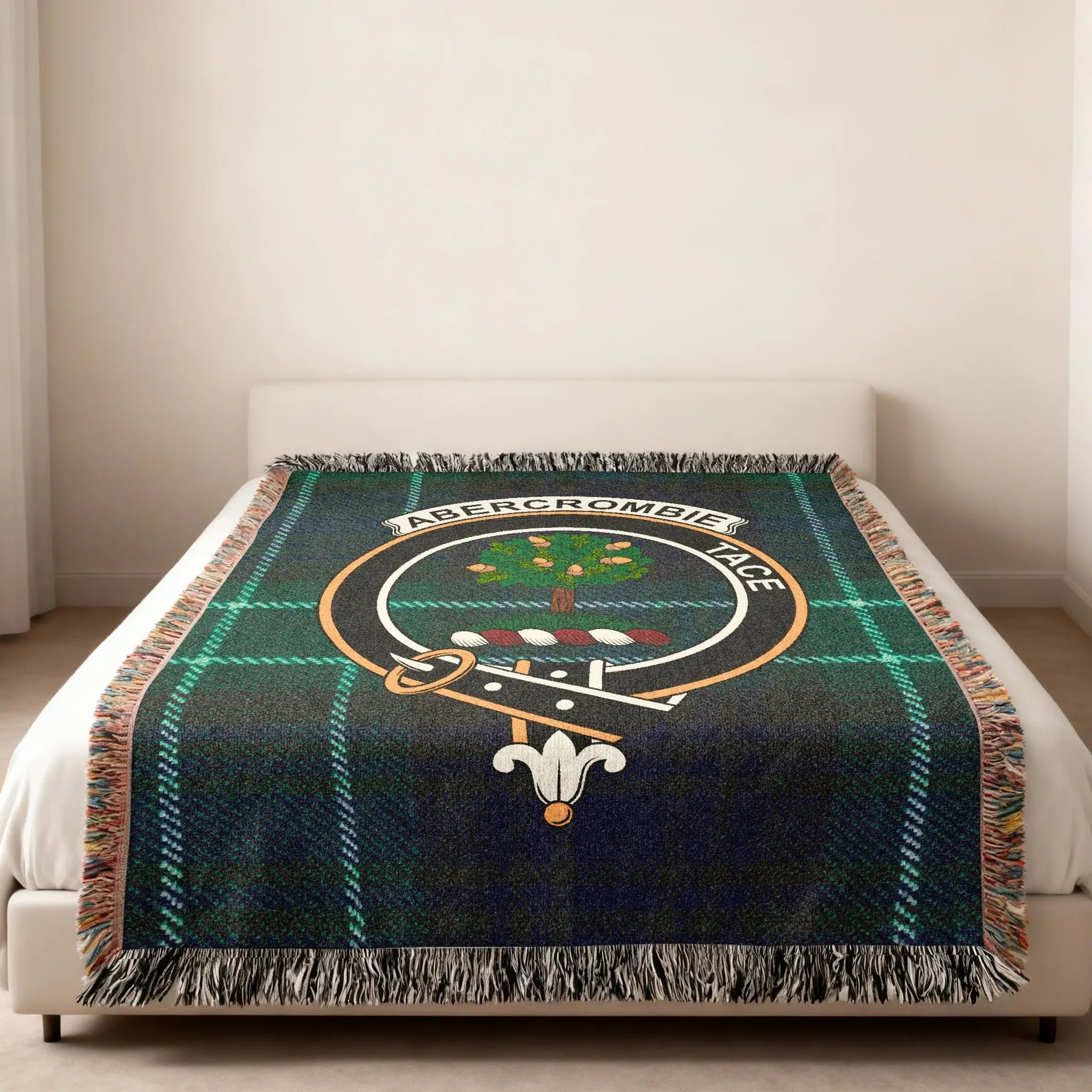 Abercrombie tace plaid tartan woven blanket with family crest — lifestyle
