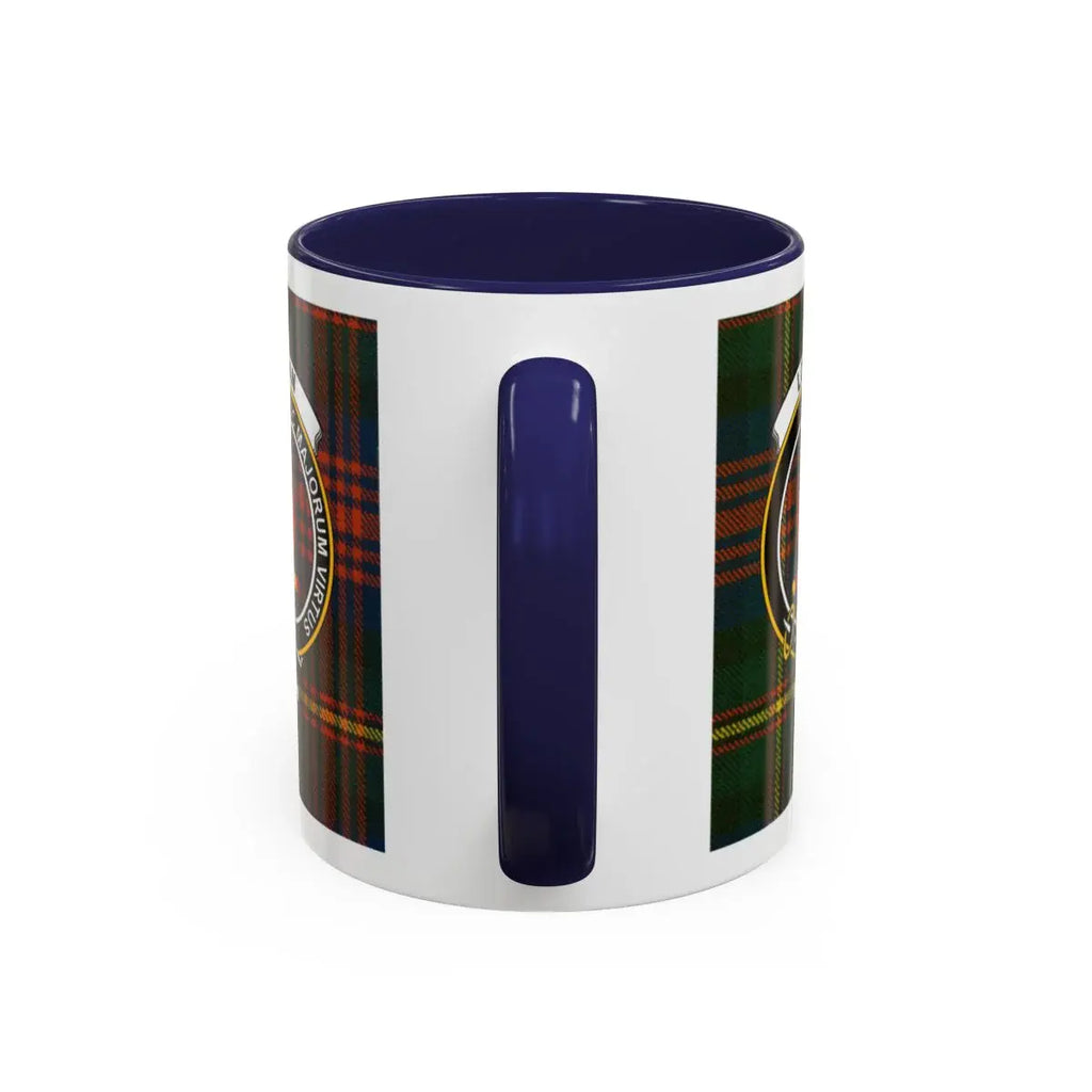 Logan clan tartan accent mug with blue handle — 11oz ceramic, Valour of My Ancestors motto