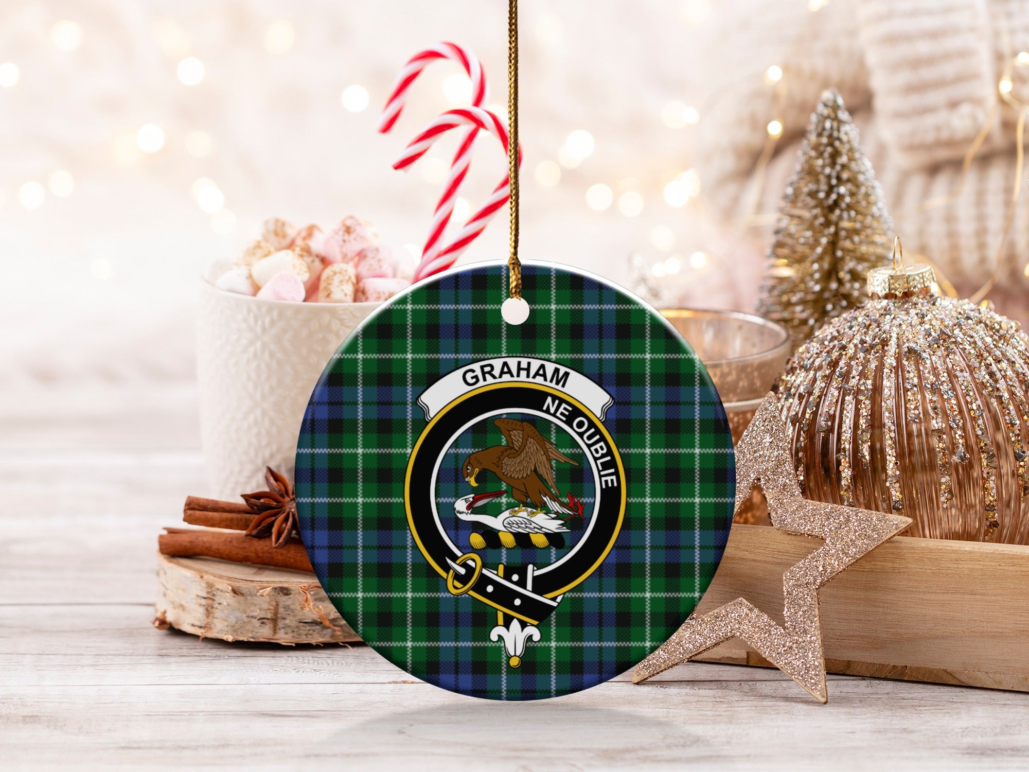 Graham clan tartan ceramic Christmas ornament with crest at centre