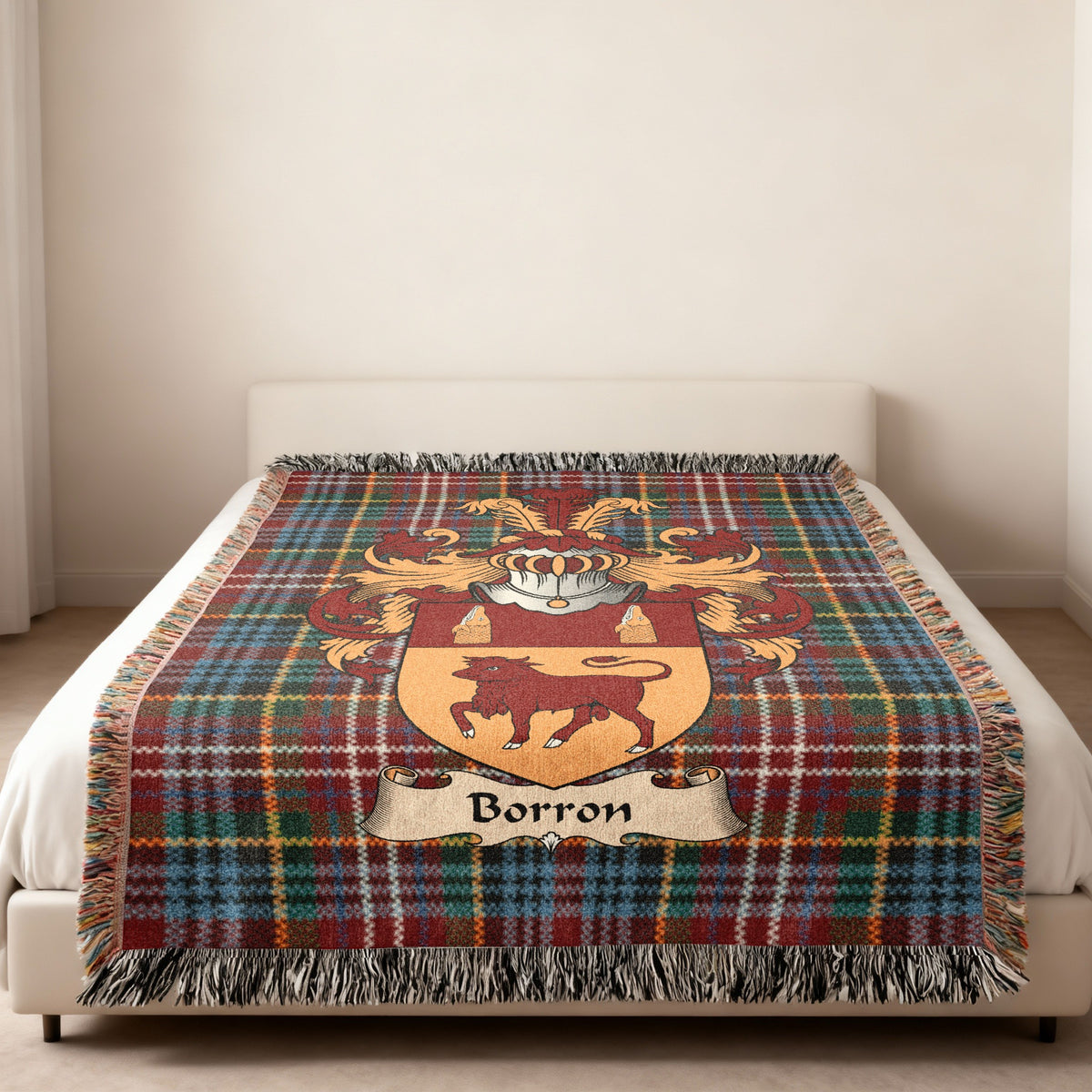 Borron Caledonia tartan heritage woven throw blanket with family shield