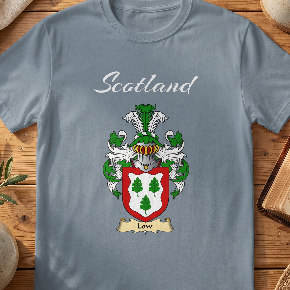 Low Scottish family shield T-shirt in Stone Blue
